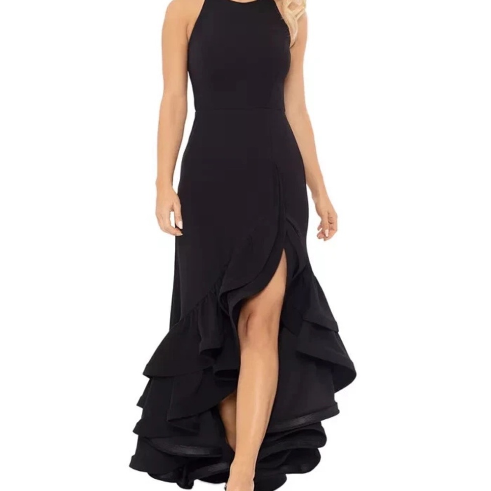 Betsy & Adam Black Ruffle Halter Crepe Gown Size 4 $259